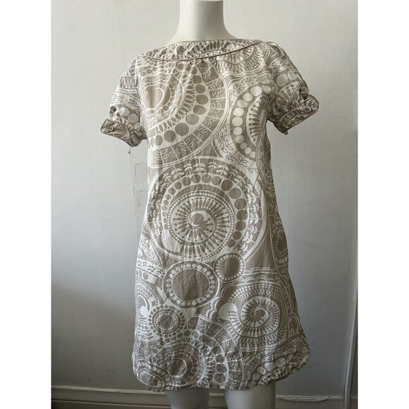 H&M Square Neck Beige White Aztec Sun Geometric Pattern Babydoll Dress Size 4 - Picture 7 of 9